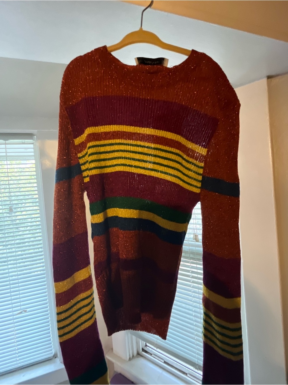 Zara Metallic Rust Crewneck Sweater with Burgundy, Yellow & Green Stripes